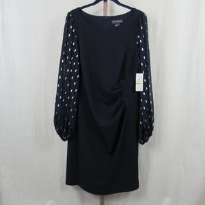 NWT Jessica Howard Women's Chiffon-Sleeve Sheath Dress Gathered Waist Navy White